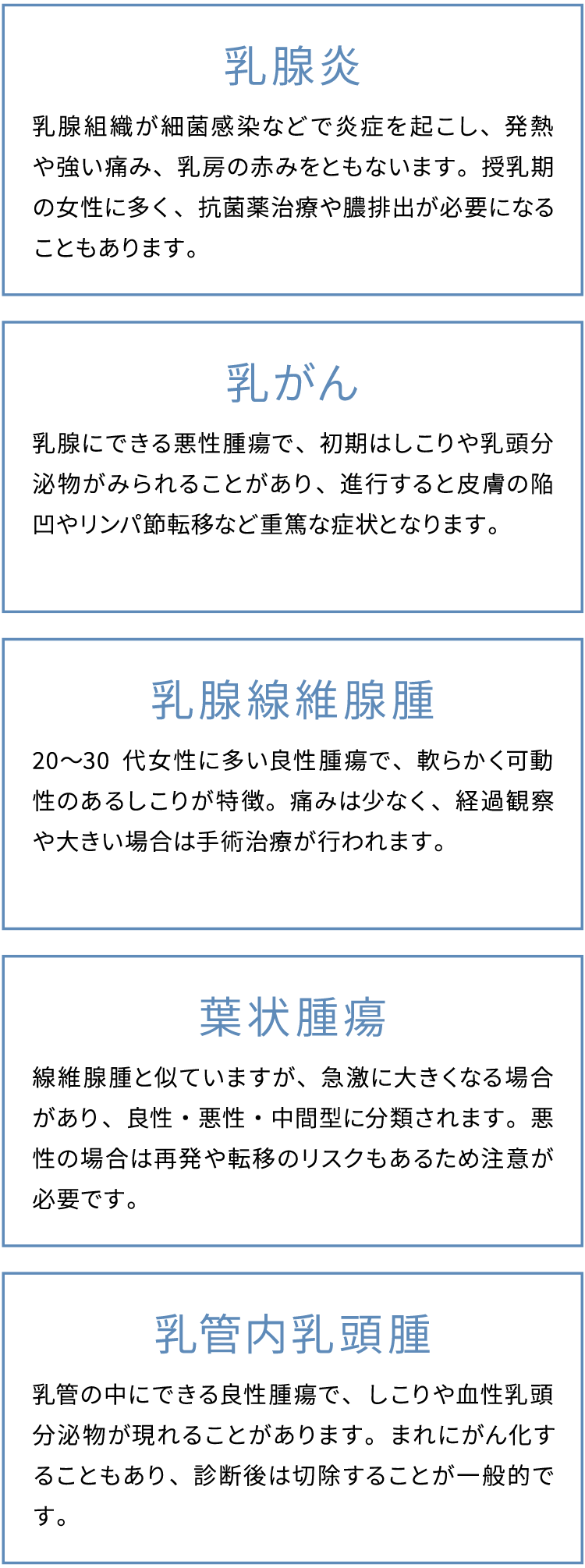乳がん 乳腺炎 乳腺線維腺腫 葉状腫瘍 乳管内乳頭腫 乳腺症